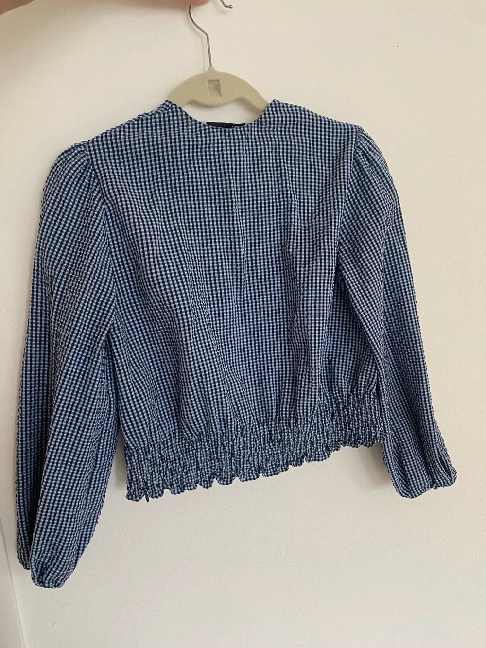 Zara Blue Gingham V-Neck Smocked Waist Long-Sleeve Top
